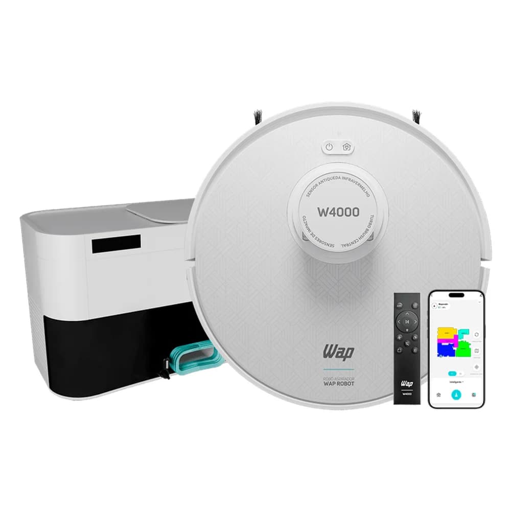 Robô aspirador WAP Robot W4000 branco ao lado da estação autolimpante, com controle remoto e aplicativo