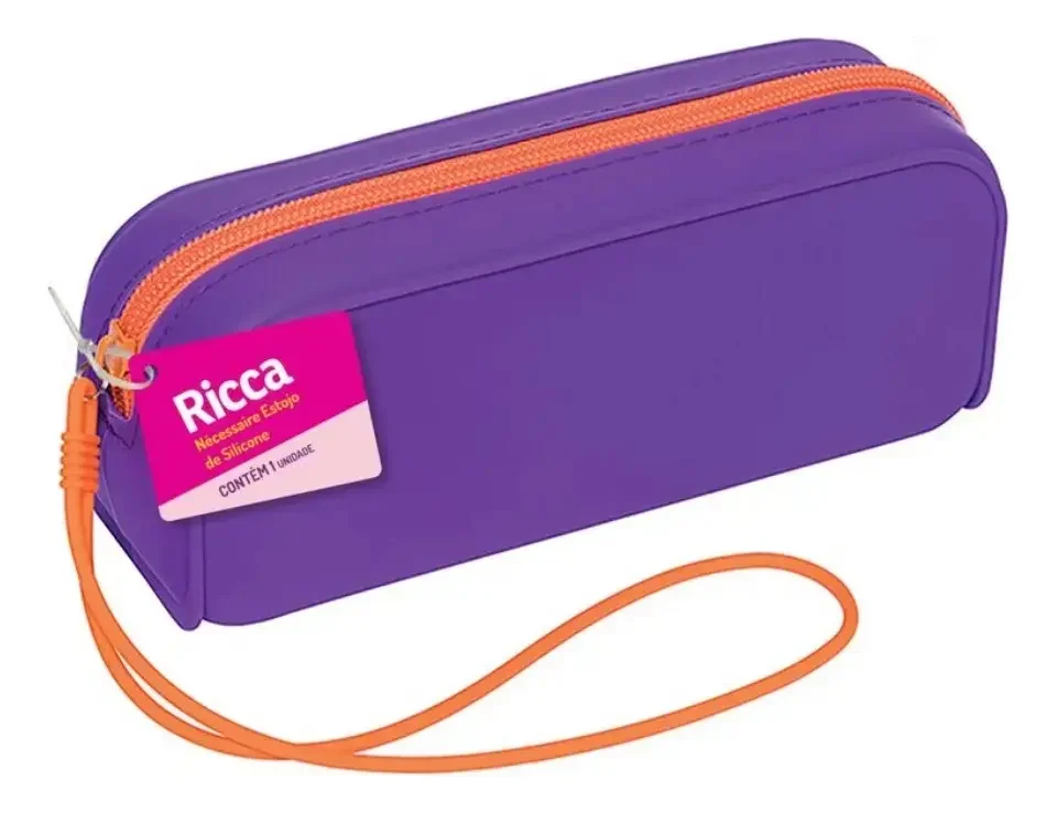 Ricca necessaire de silicone retangular roxa com zíper laranja