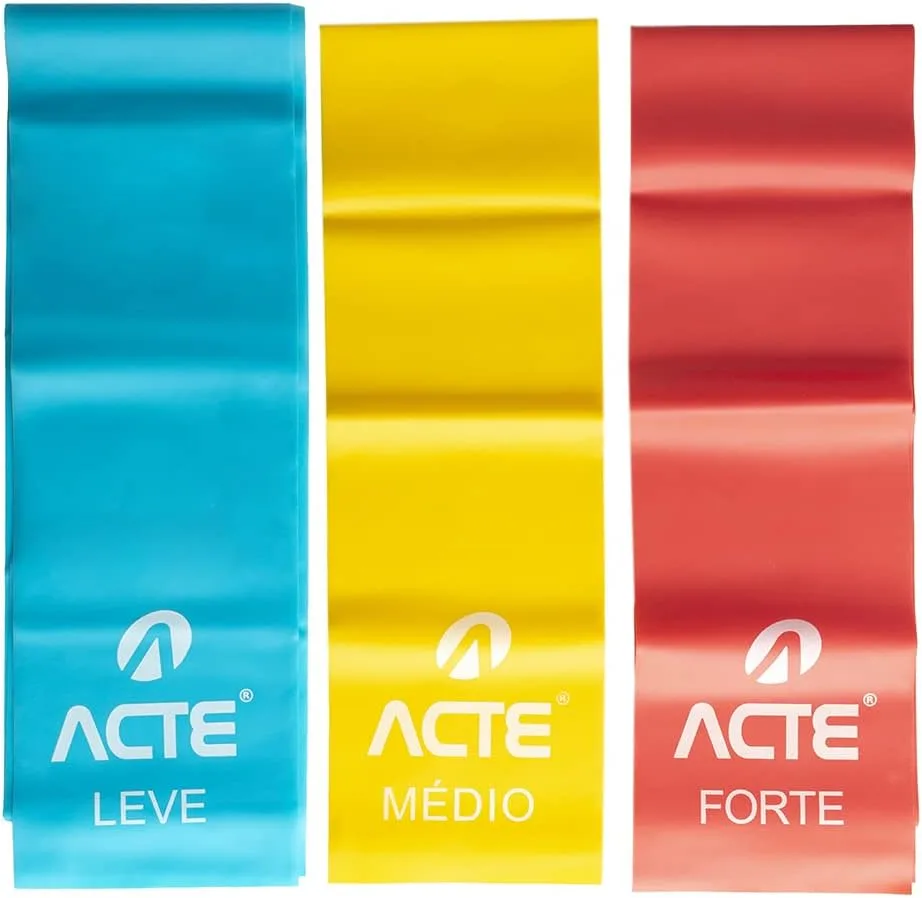 Três faixas elásticas longas Acte azul, amarela e vermelha, marcadas LEVE, MÉDIO e FORTE