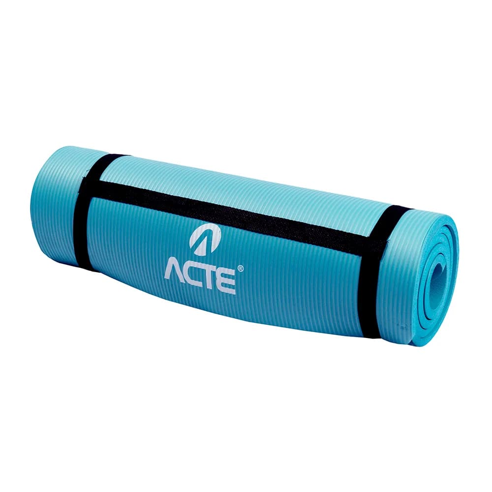Tapete Acte Comfort T54 azul enrolado, com alça de transporte preta e logo ACTE