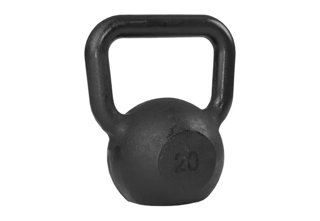 Kettlebell Fundminas de ferro fundido preto de 20 kg, com o peso gravado no corpo
