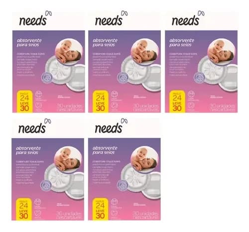 Kit com 5 caixas de absorvente para seios Needs Toque Suave, 30 unidades cada