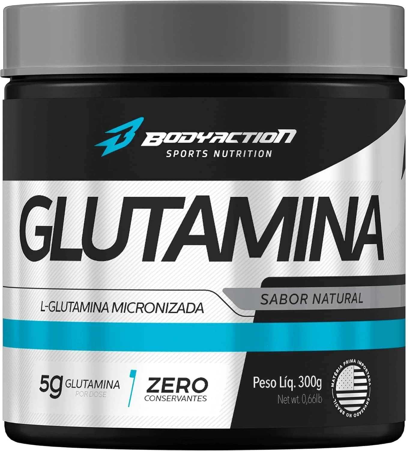BodyAction glutamina micronizada sabor natural, pote de 300 g
