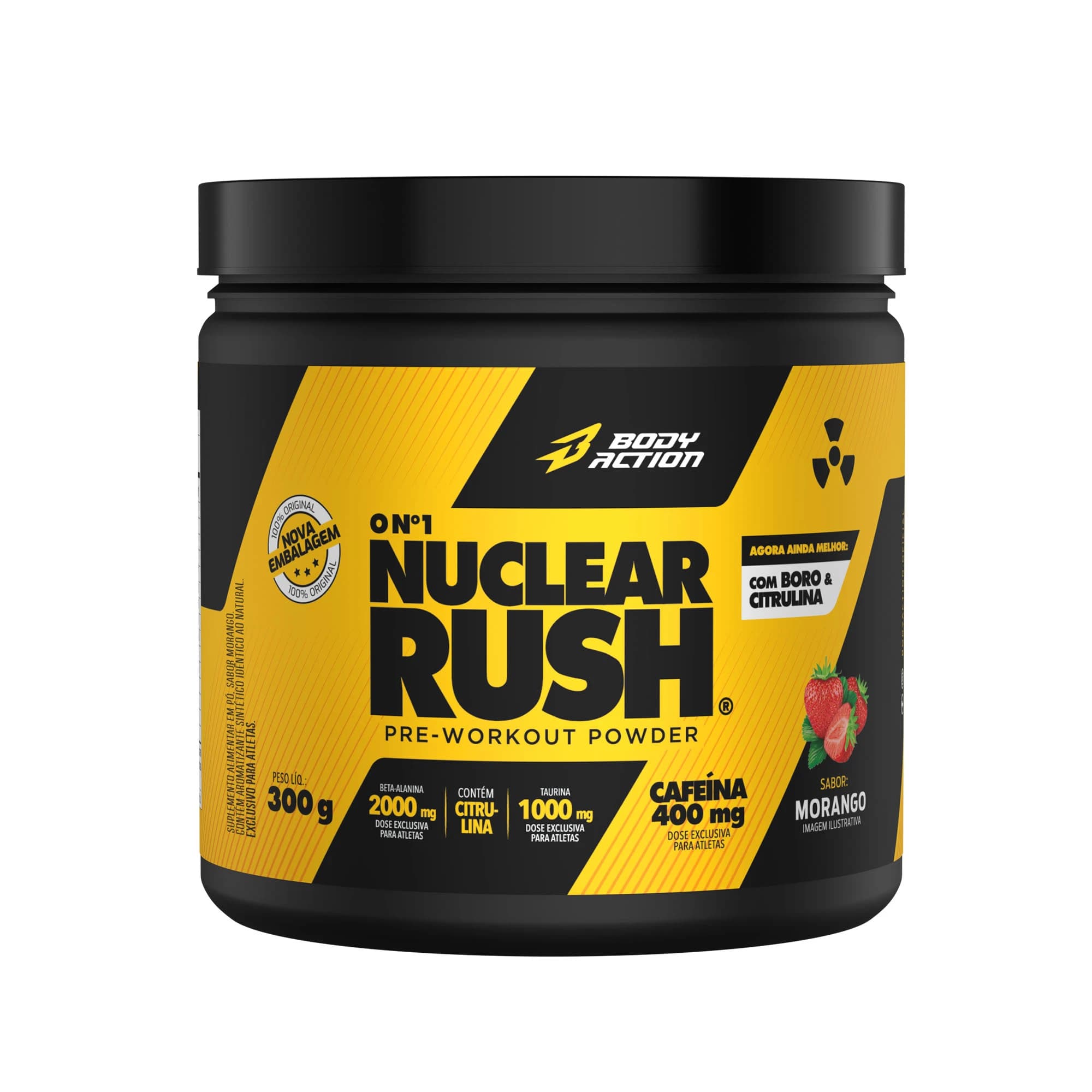 BodyAction Nuclear Rush pré-treino sabor morango, pote de 300 g