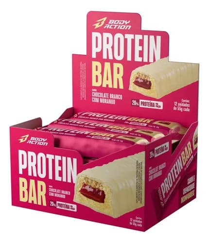 BodyAction Snacks Protein Bar caixa com 12 unidades chocolate branco com morango