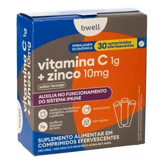 Bwell vitamina C 1 g + zinco 10 mg, tubo com 30 comprimidos efervescentes