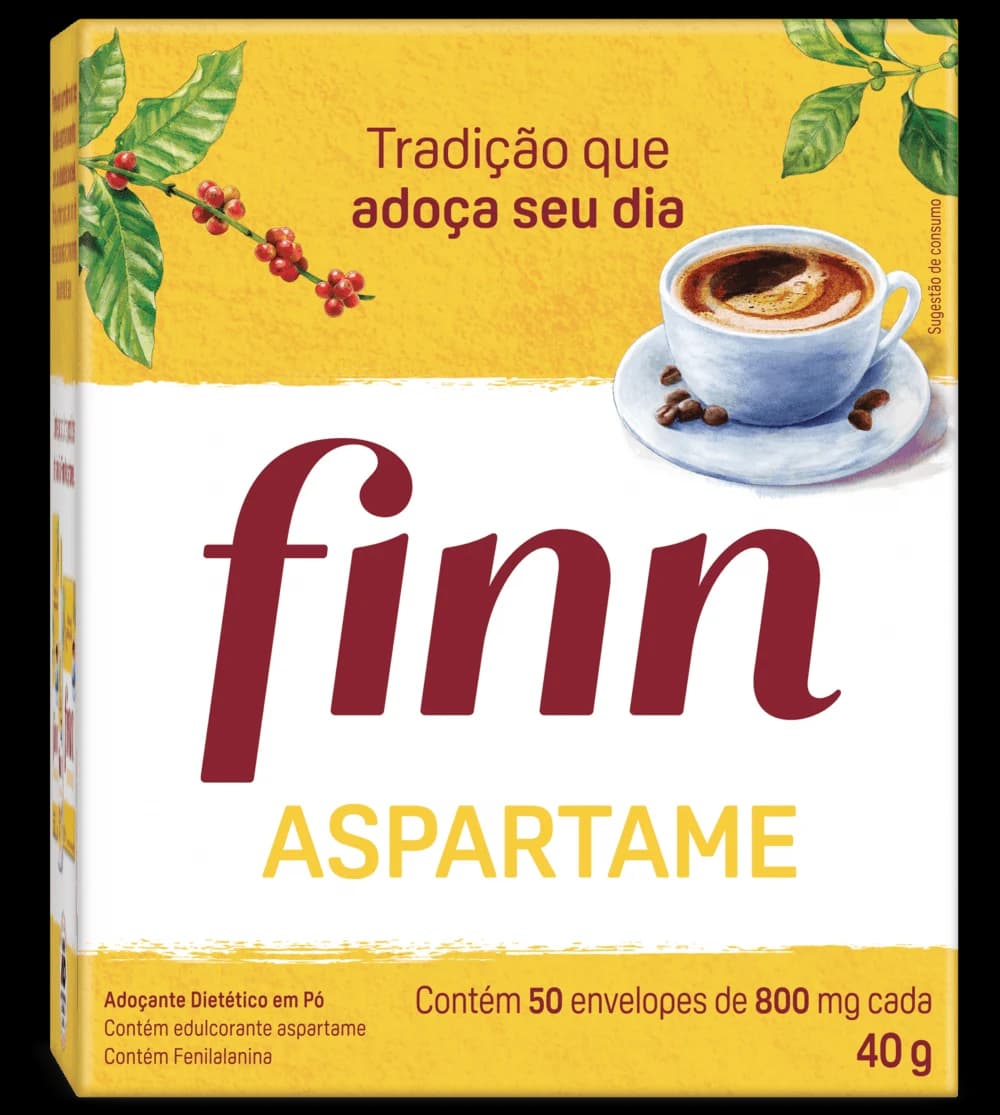Finn adoçante dietético em pó de aspartame, caixa com 50 envelopes de 800 mg, 40 g