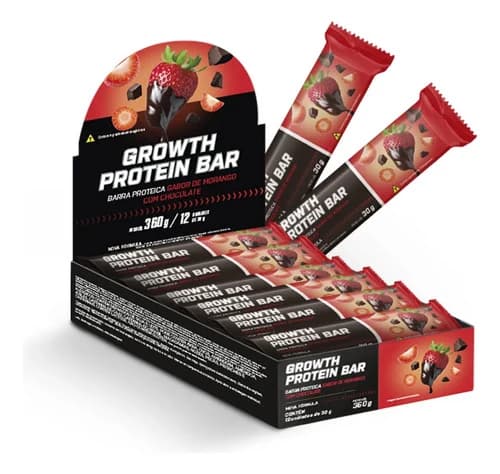 Growth Supplements barra de proteína caixa com 12 unidades sabor morango com chocolate