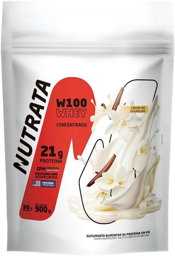Nutrata W100 whey protein concentrado sabor baunilha, refil de 900 g