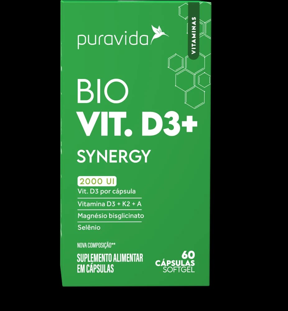 Puravida Bio Vitamina D3+ Synergy, caixa com 60 cápsulas softgel
