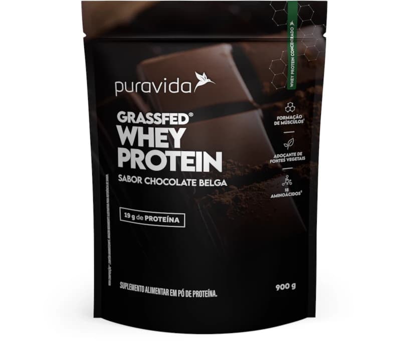 Whey Protein Grassfed Puravida sabor chocolate belga, pacote de 900 g