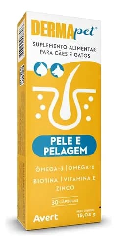 Suplemento Avert Dermapet para pele e pelagem, caixa com 30 cápsulas