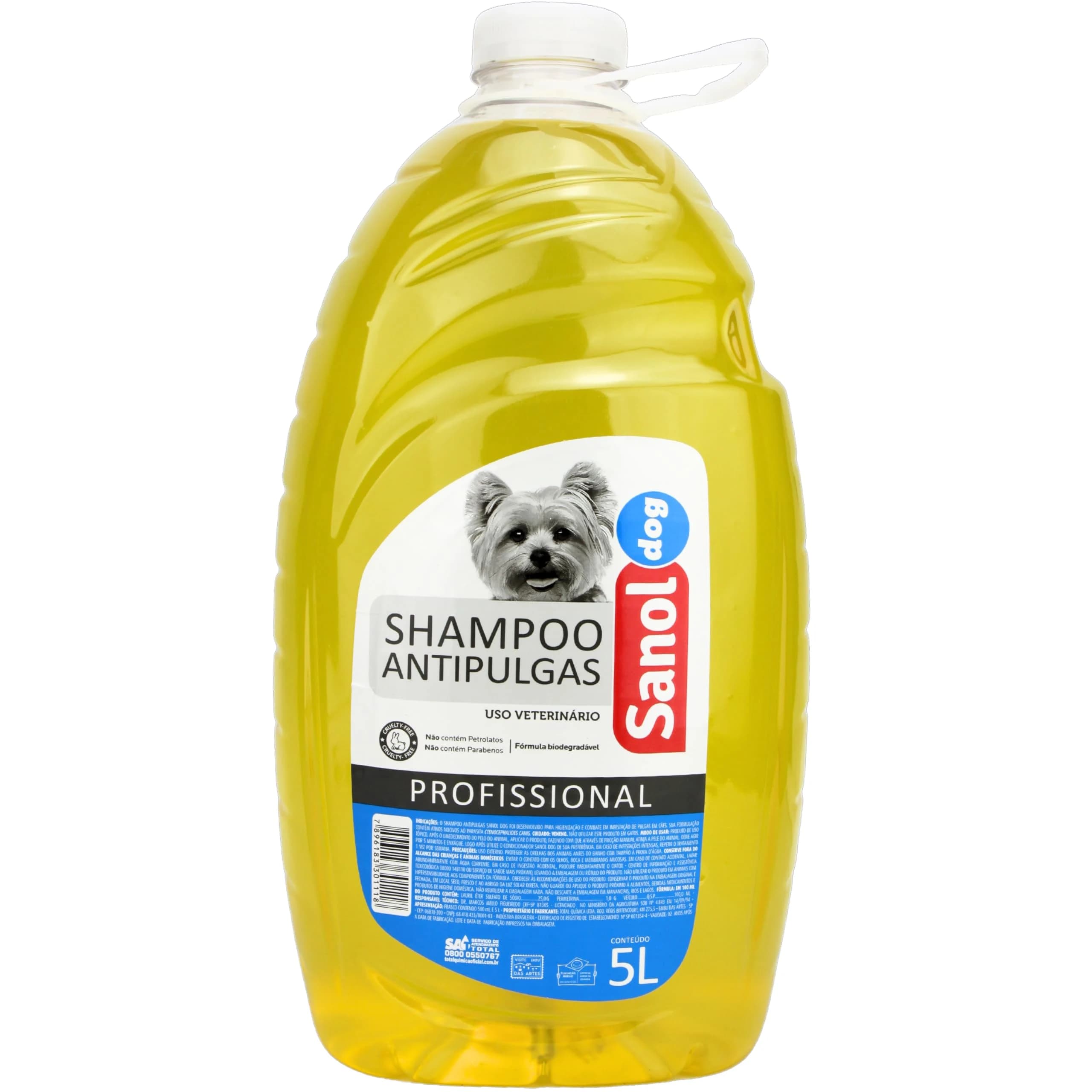 Shampoo antipulgas Sanol Dog para cães, galão amarelo de 5 litros