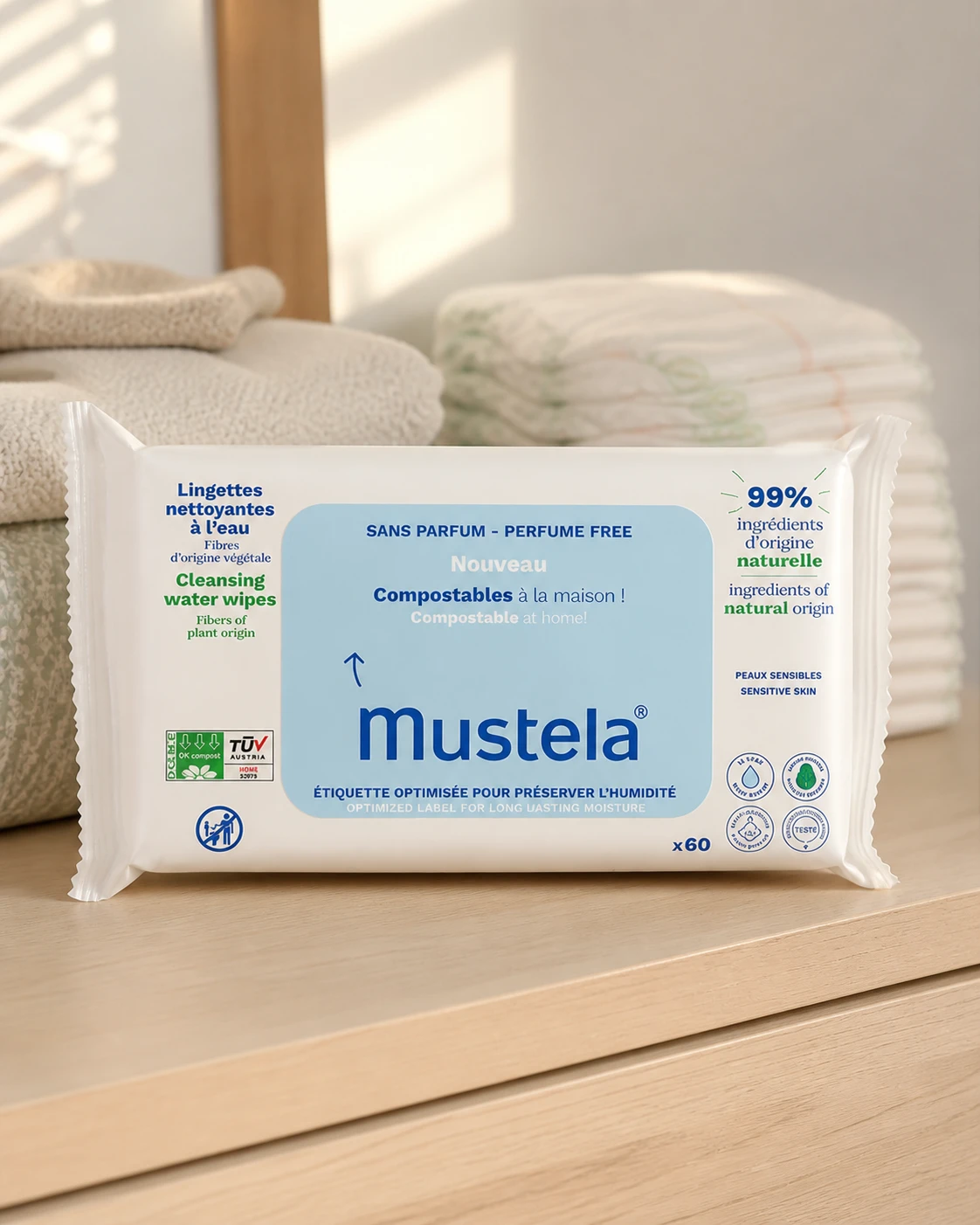 Mustela Toalhas Umedecidas Compostáveis Sem Perfume 60 unidades