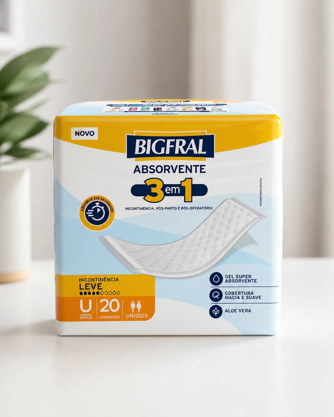 Bigfral absorvente Regular Plus 3 em 1 para incontinência, pacote com 20 unidades