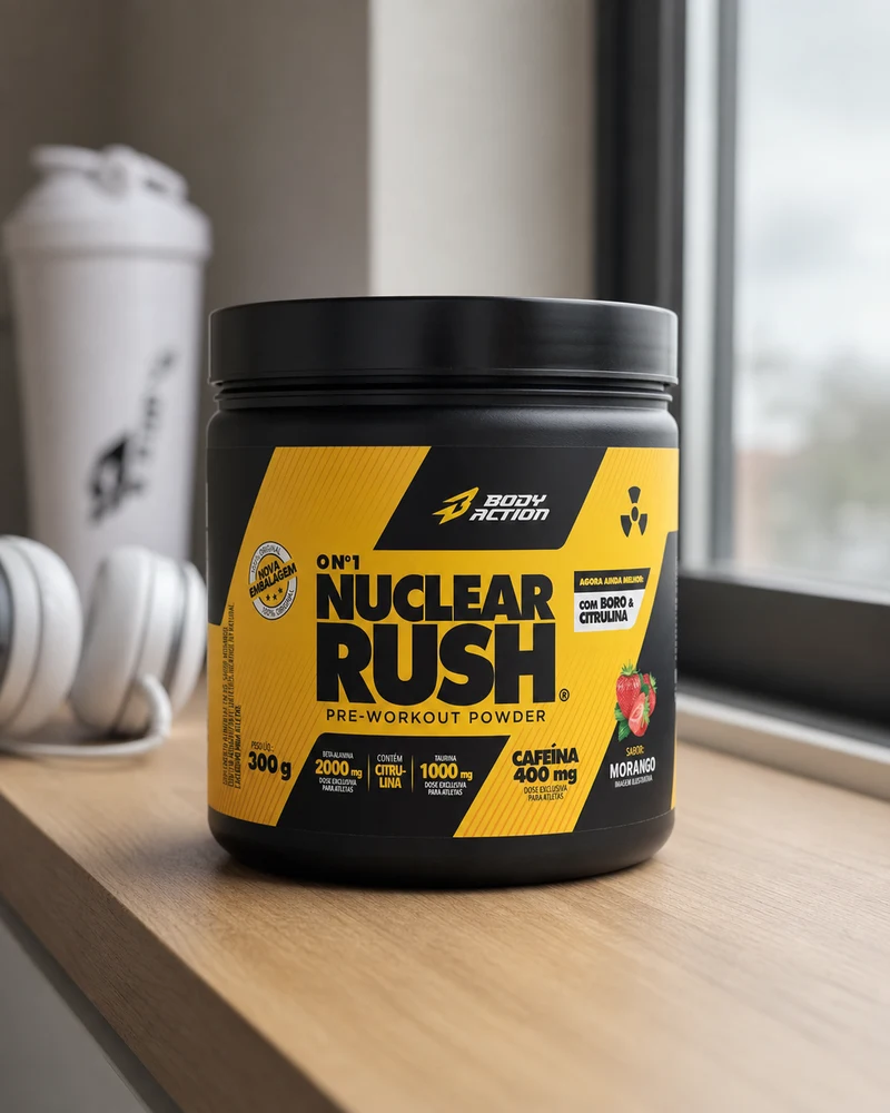 BodyAction Nuclear Rush pré-treino sabor morango, pote de 300 g
