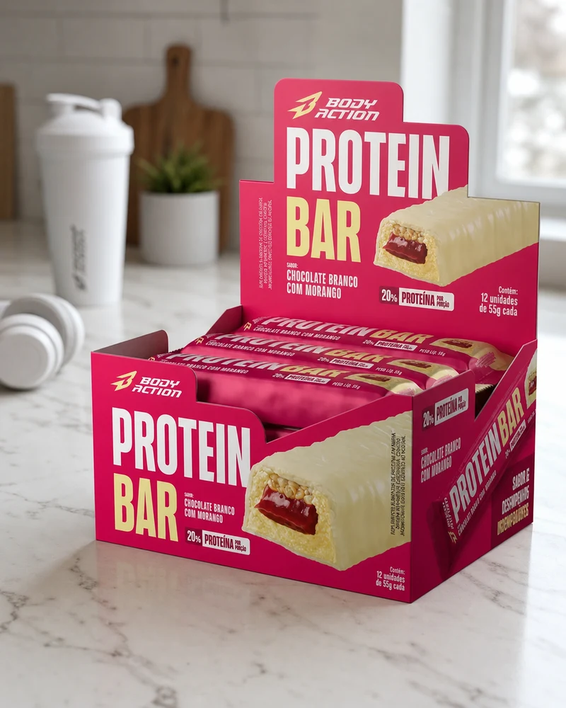 BodyAction Snacks Protein Bar caixa com 12 unidades chocolate branco com morango