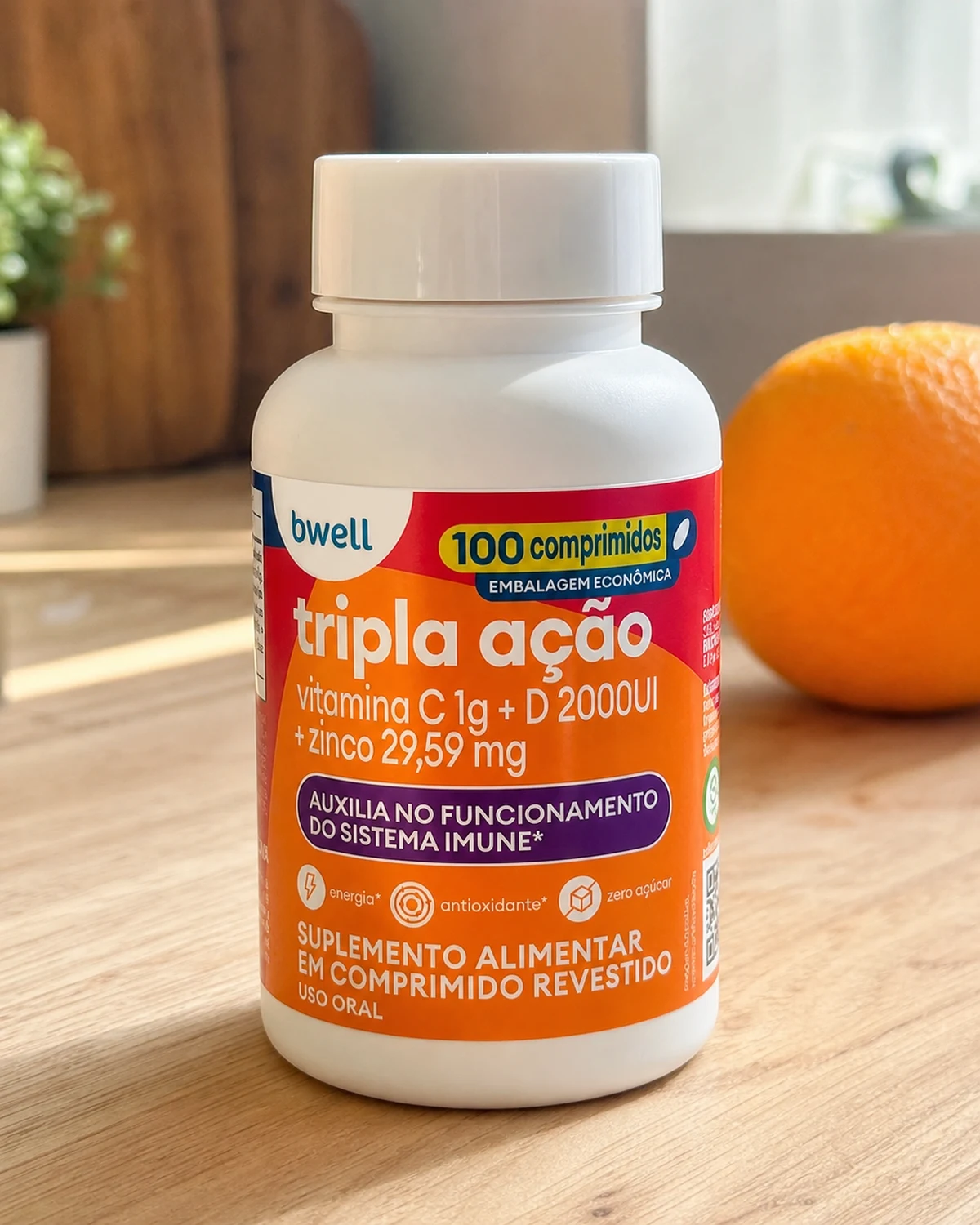 Bwell Vitamina C Tripla Ação, frasco com 100 comprimidos