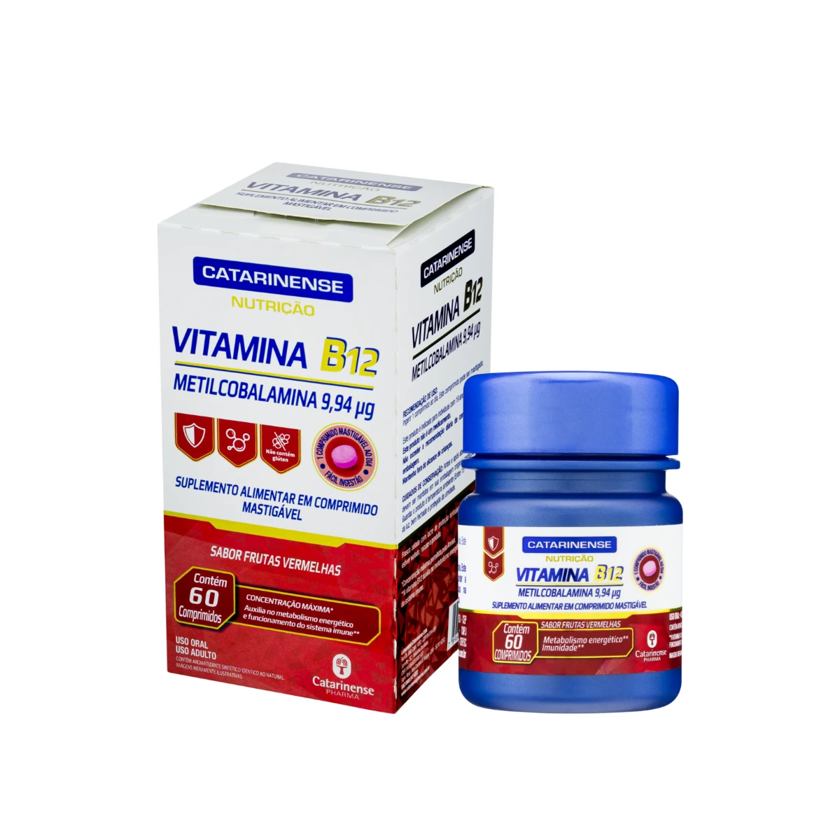 Catarinense Nutrição Vitamina B12 metilcobalamina 9,94 µg, embalagem com 60 comprimidos mastigáveis
