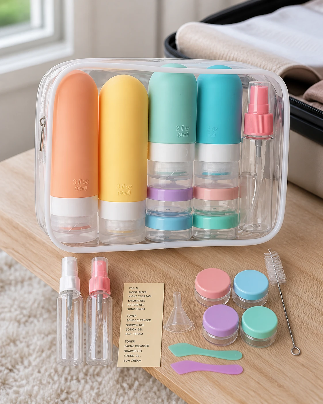 Kit ECOMLAR com frascos, potes e acessórios de silicone para viagem