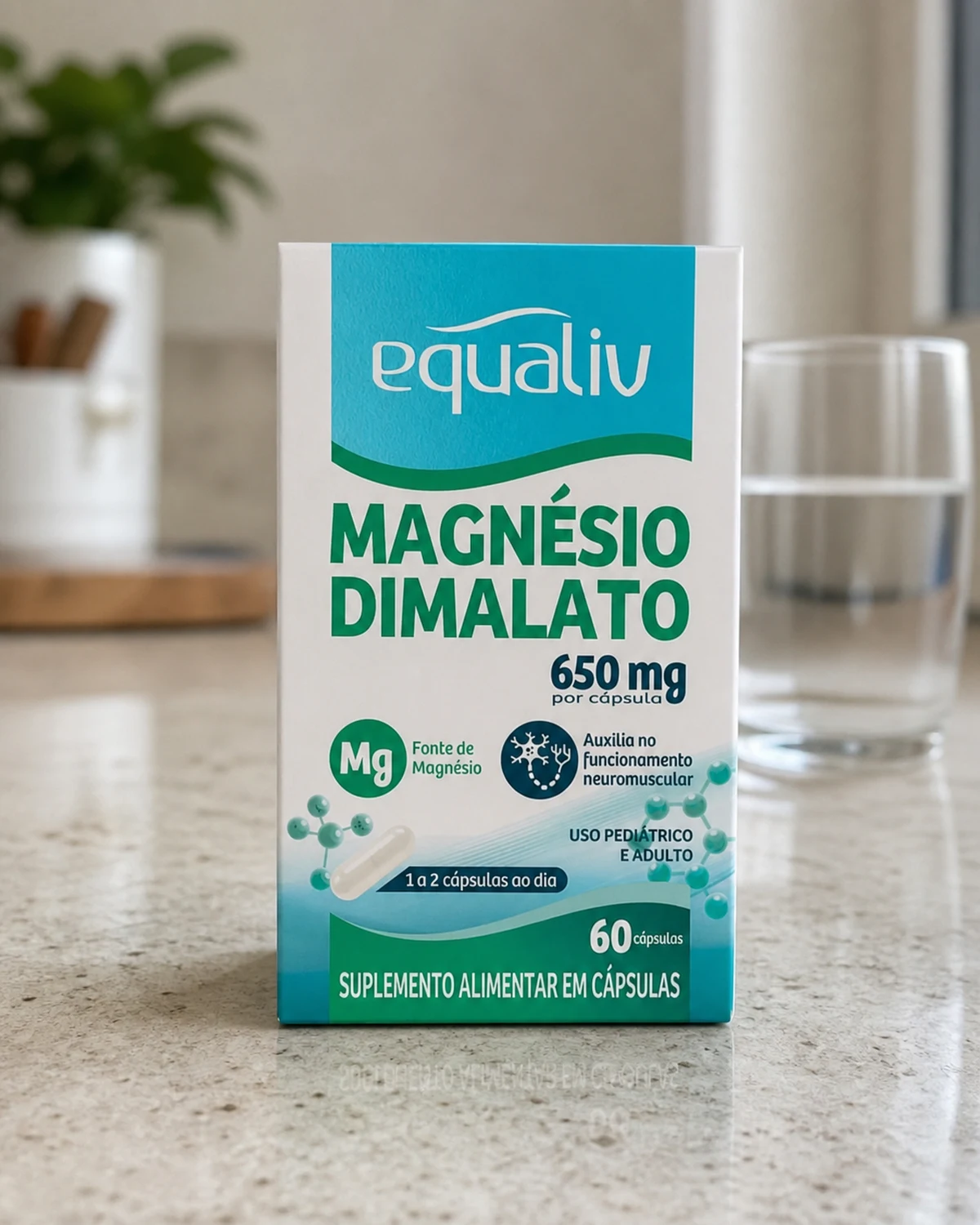 Equaliv Magnésio Dimalato 650 mg, caixa com 60 cápsulas