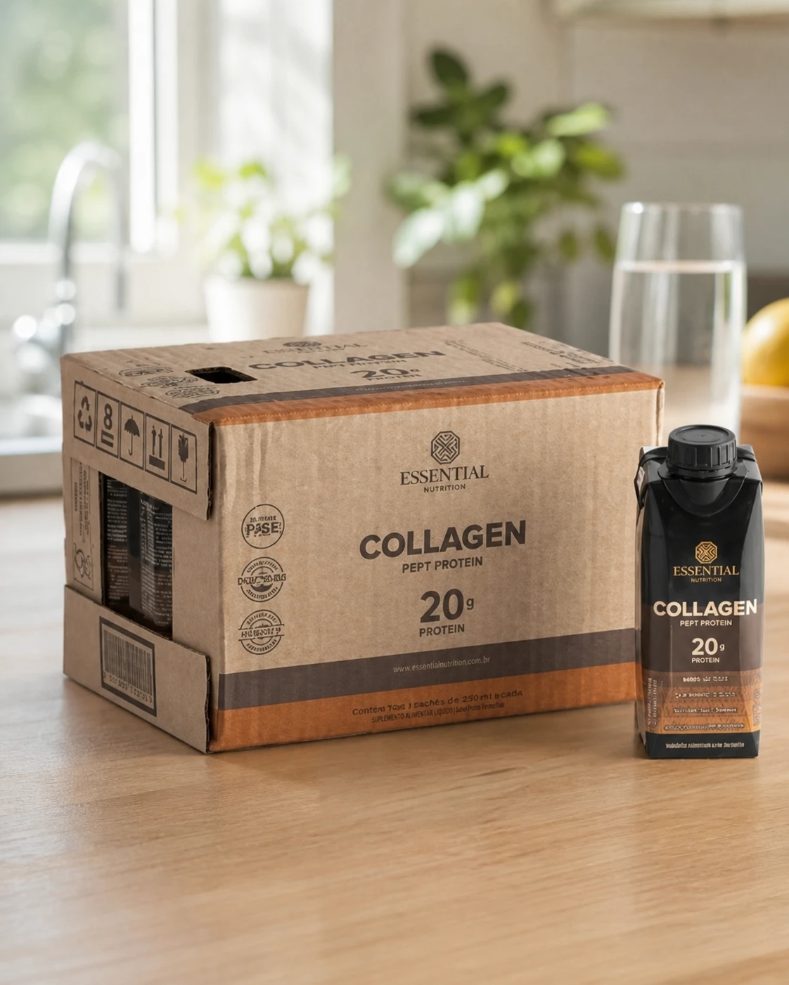 Essential Nutrition Collagen Pept Protein, caixa com 12 bebidas de 250 ml