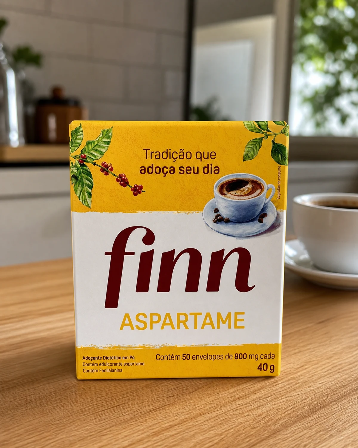 Finn adoçante dietético em pó de aspartame, caixa com 50 envelopes de 800 mg, 40 g