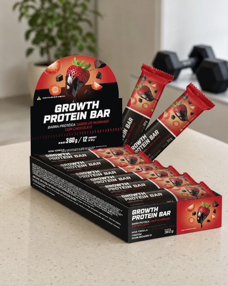 Growth Supplements barra de proteína caixa com 12 unidades sabor morango com chocolate