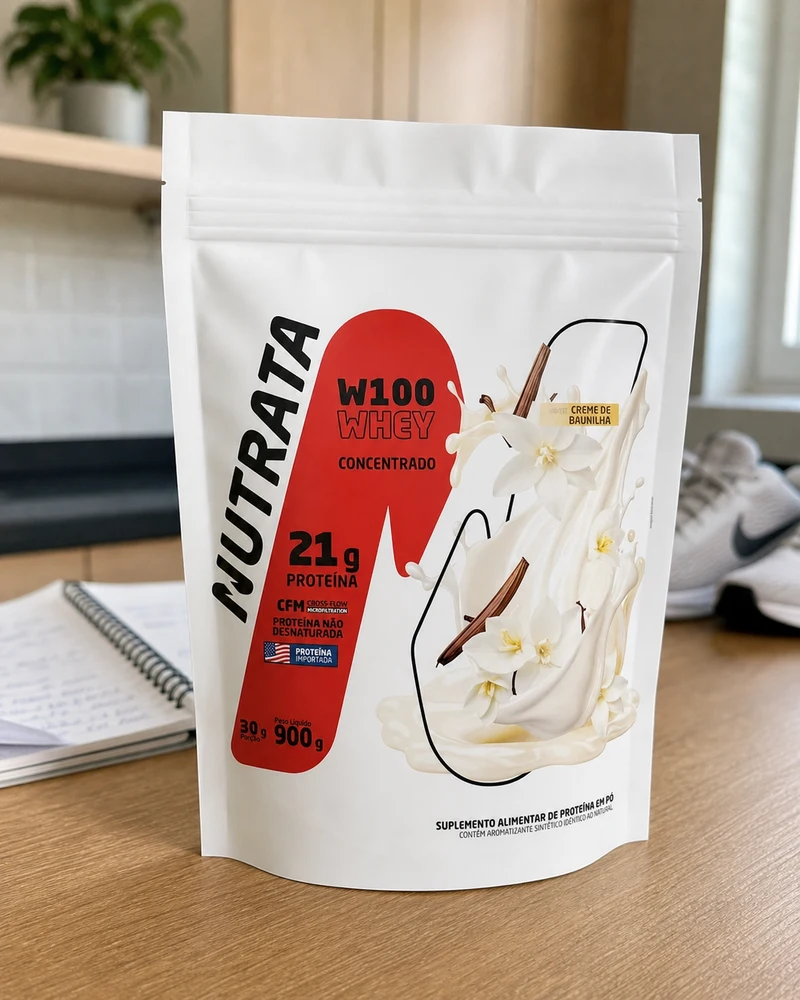 Nutrata W100 whey protein concentrado sabor baunilha, refil de 900 g