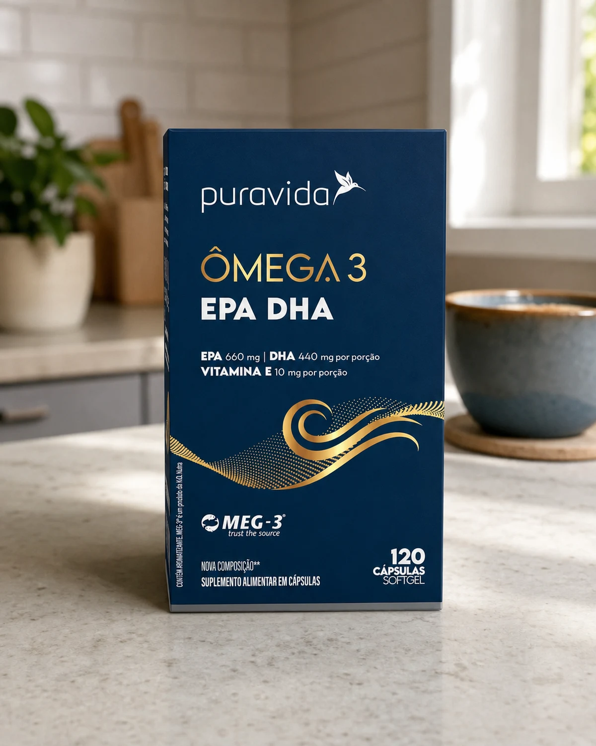 Puravida Ômega 3 EPA DHA, embalagem com 120 cápsulas