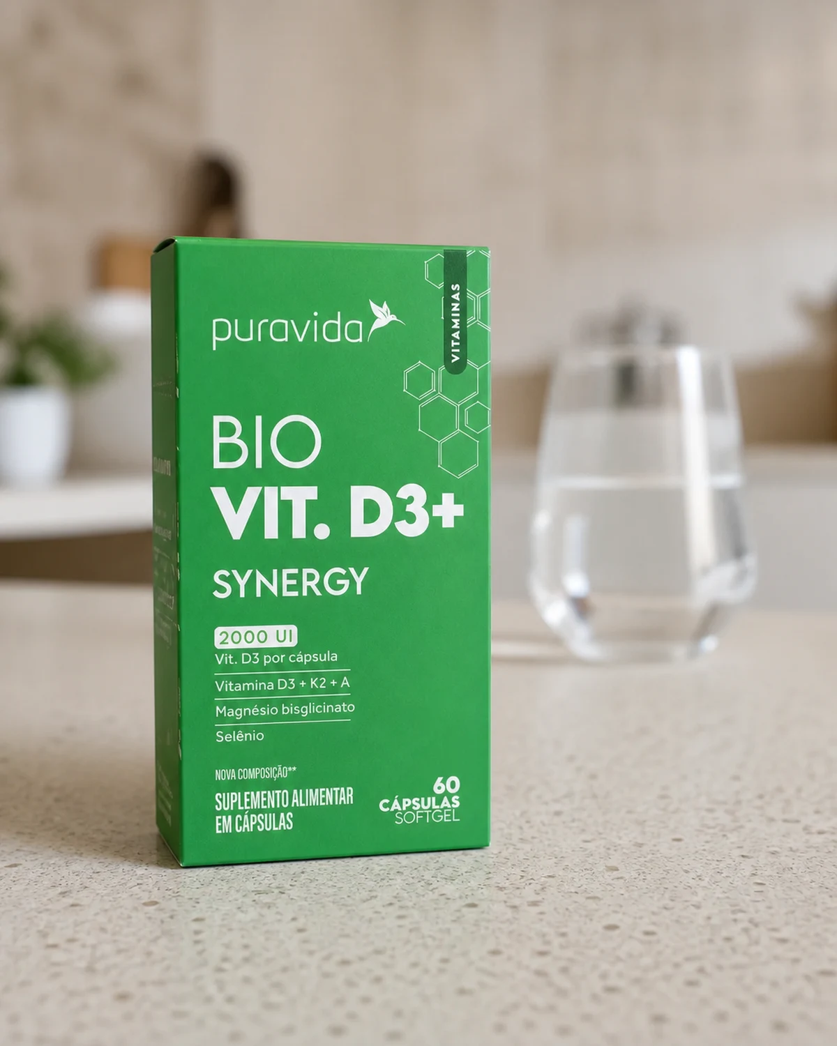 Puravida Bio Vitamina D3+ Synergy, caixa com 60 cápsulas softgel