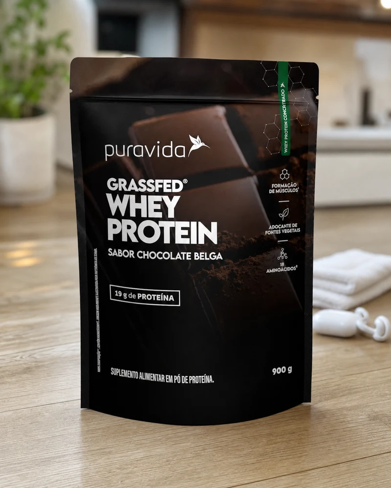 Whey Protein Grassfed Puravida sabor chocolate belga, pacote de 900 g