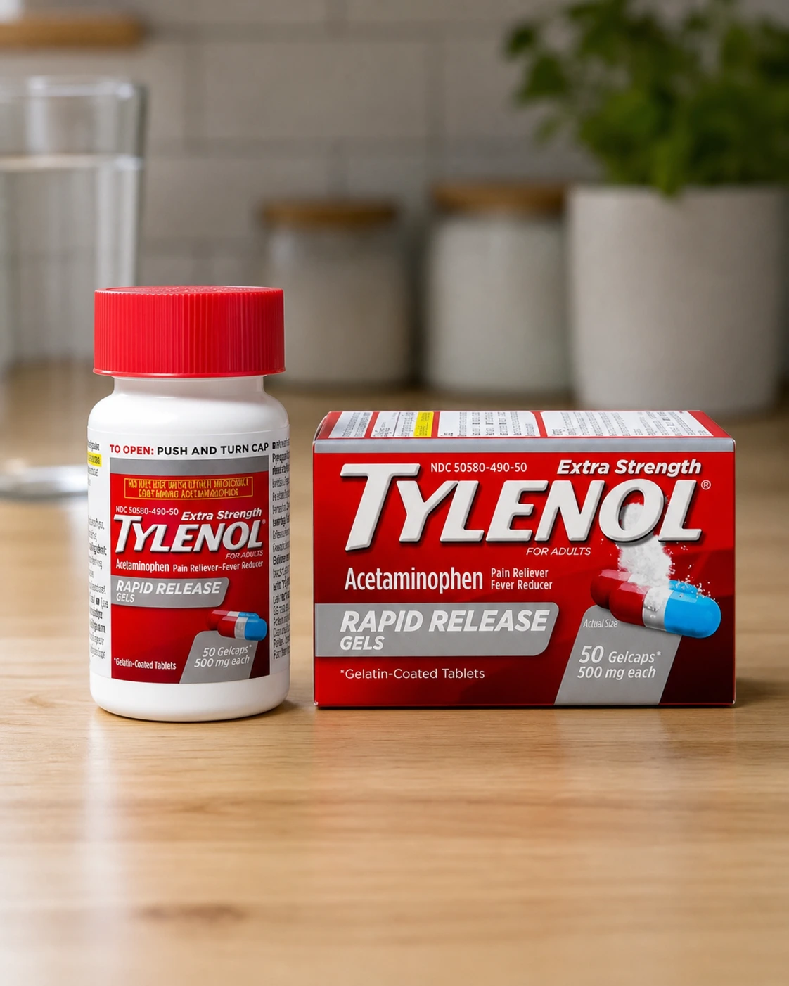 Tylenol Extra Strength Rapid Release Gels, embalagem com 50 cápsulas de 500 mg