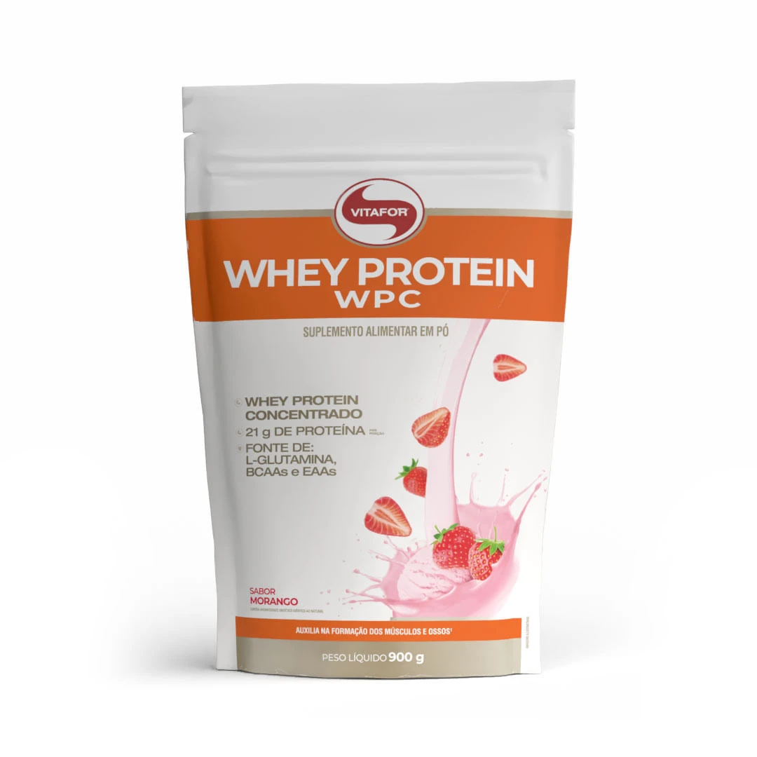 Whey Protein WPC Vitafor sabor morango, pouch de 900 g