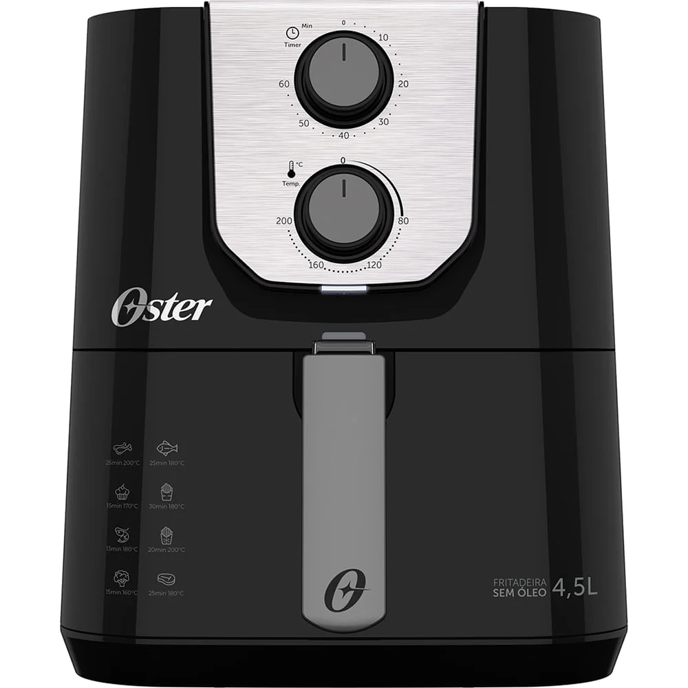 Air fryer Oster Black Perform OFRT510 preta, vista frontal, com os dois controles giratórios de timer e temperatura