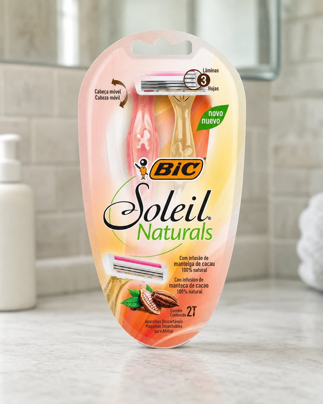 BIC Soleil Naturals, aparelho de depilar com três lâminas e manteiga de cacau, duas unidades