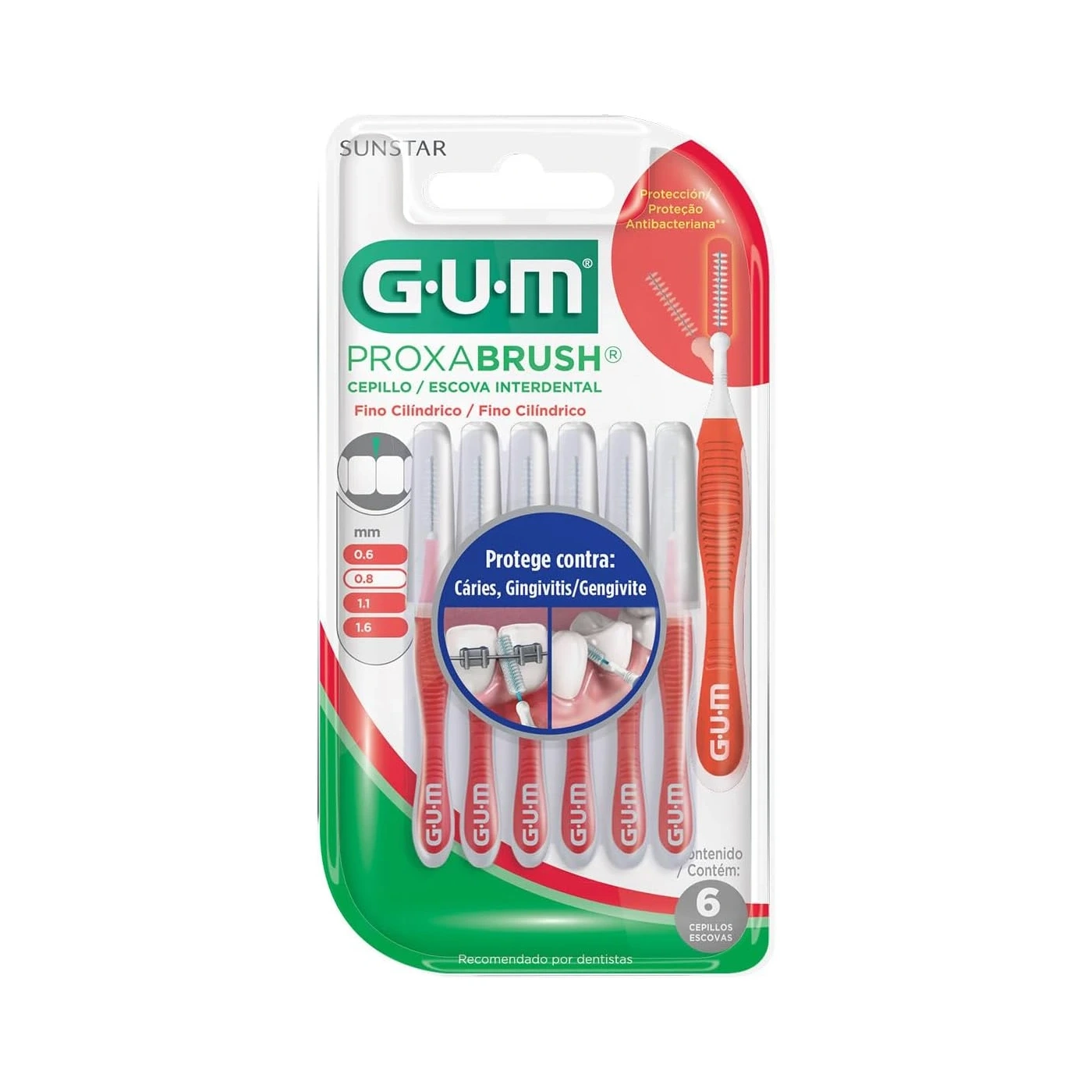 GUM Escova Interdental Portátil Cerda Fina 0,8mm (6 unidades)