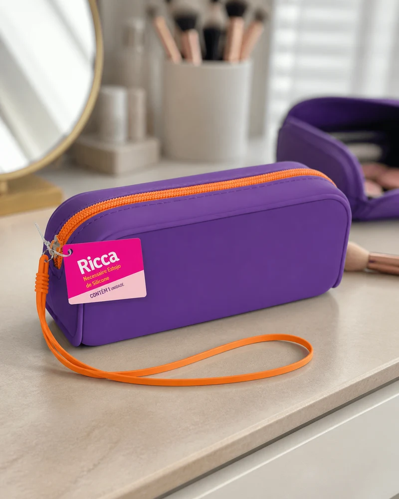 Ricca necessaire de silicone retangular roxa com zíper laranja