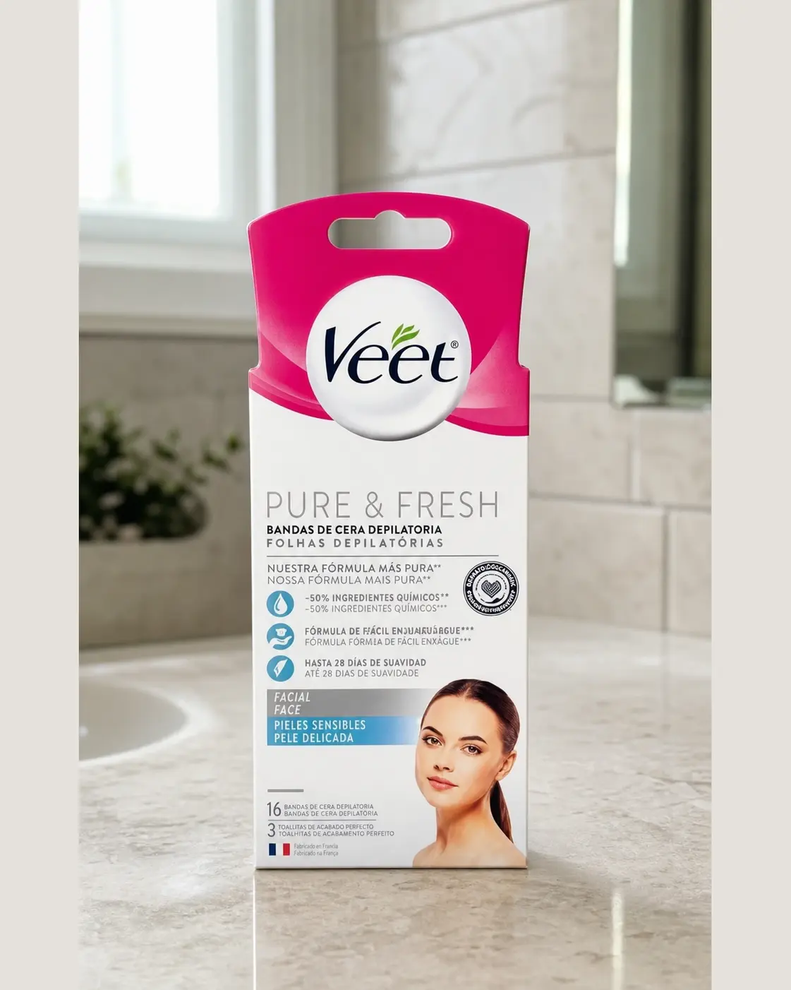 Veet Pure & Fresh cera fria facial para peles delicadas com 16 unidades