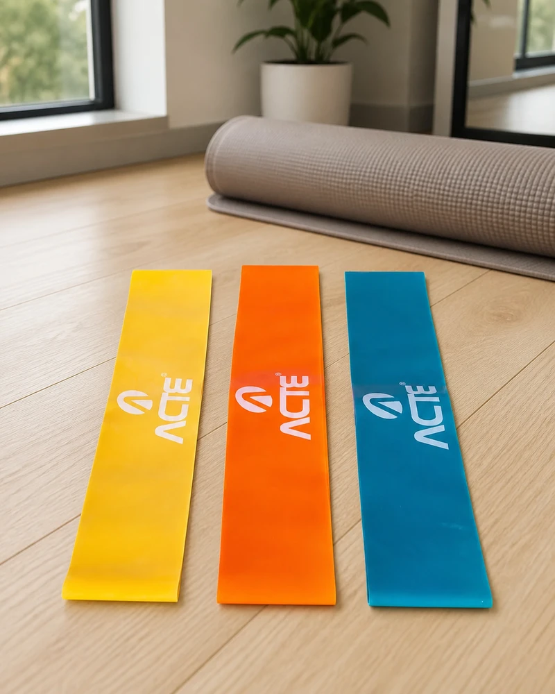 Três mini bands Acte nas cores amarela, laranja e azul, com o logo ACTE impresso