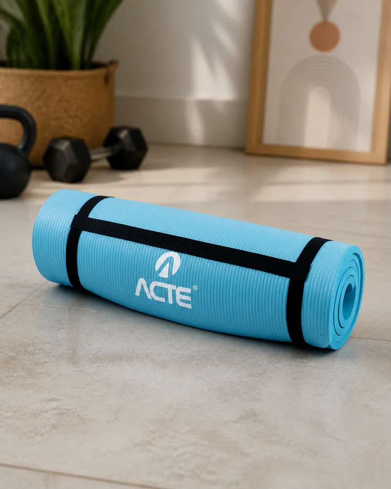 Tapete Acte Comfort T54 azul enrolado, com alça de transporte preta e logo ACTE