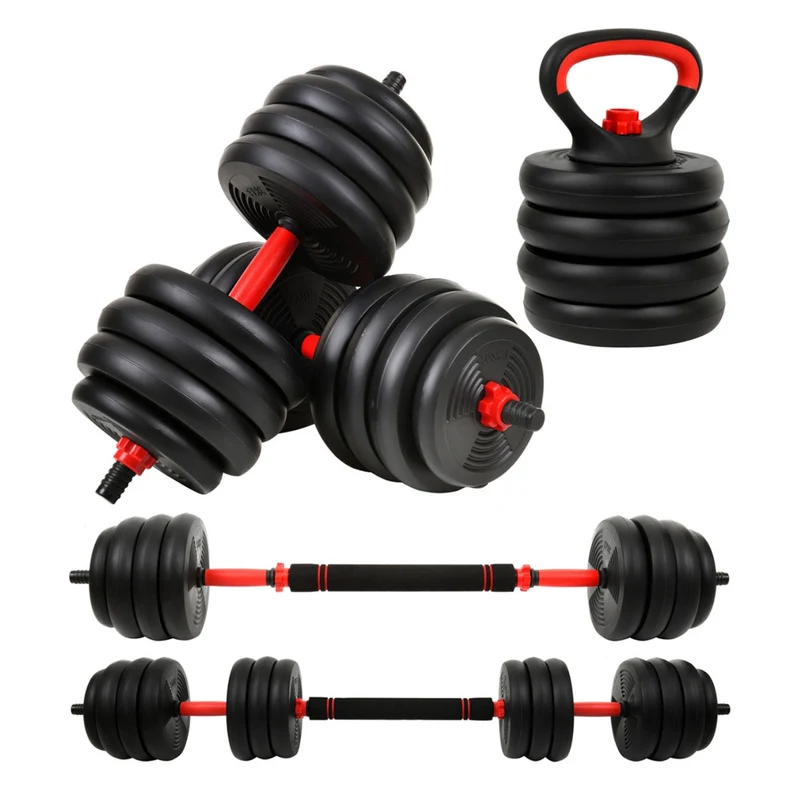 Kit Ahead Sports 6 em 1 de 20 kg em preto e vermelho: dois halteres, montagem em kettlebell e barra longa