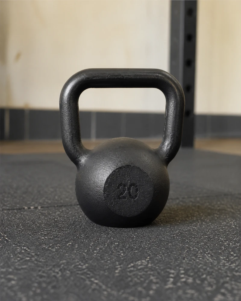 Kettlebell Fundminas de ferro fundido preto de 20 kg, com o peso gravado no corpo