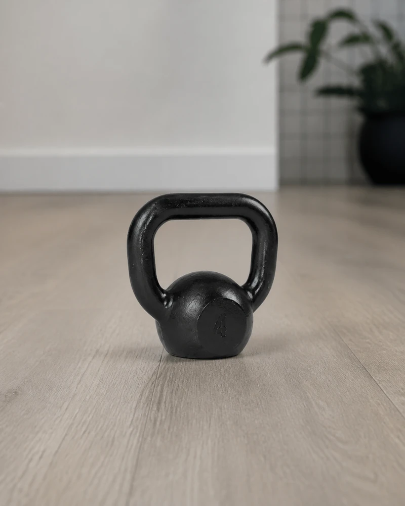 Kettlebell Fundminas de ferro fundido preto de 4 kg, com o peso gravado no corpo