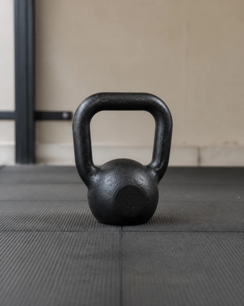 Kettlebell Fundminas de ferro fundido preto de 8 kg, com o peso gravado no corpo