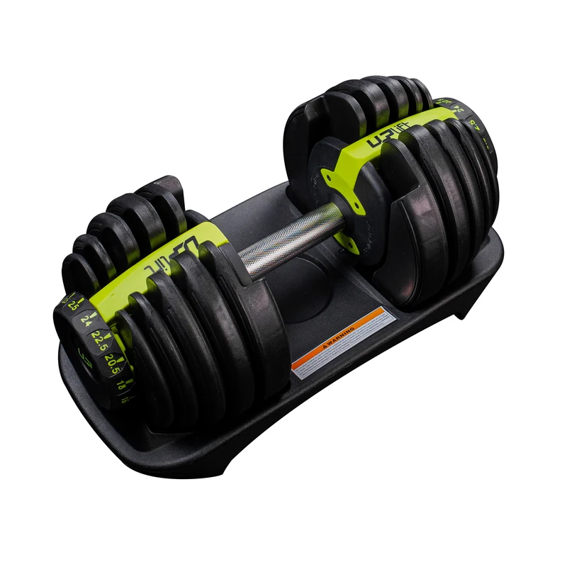 Halter ajustável Uplift de 24 kg apoiado na base de suporte, preto com detalhes em verde