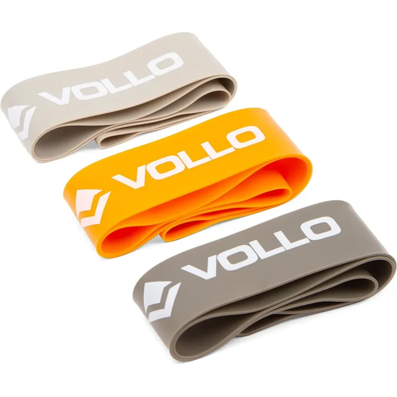 Três mini bands VOLLO empilhadas, nas cores cinza-claro, laranja e cinza-escuro