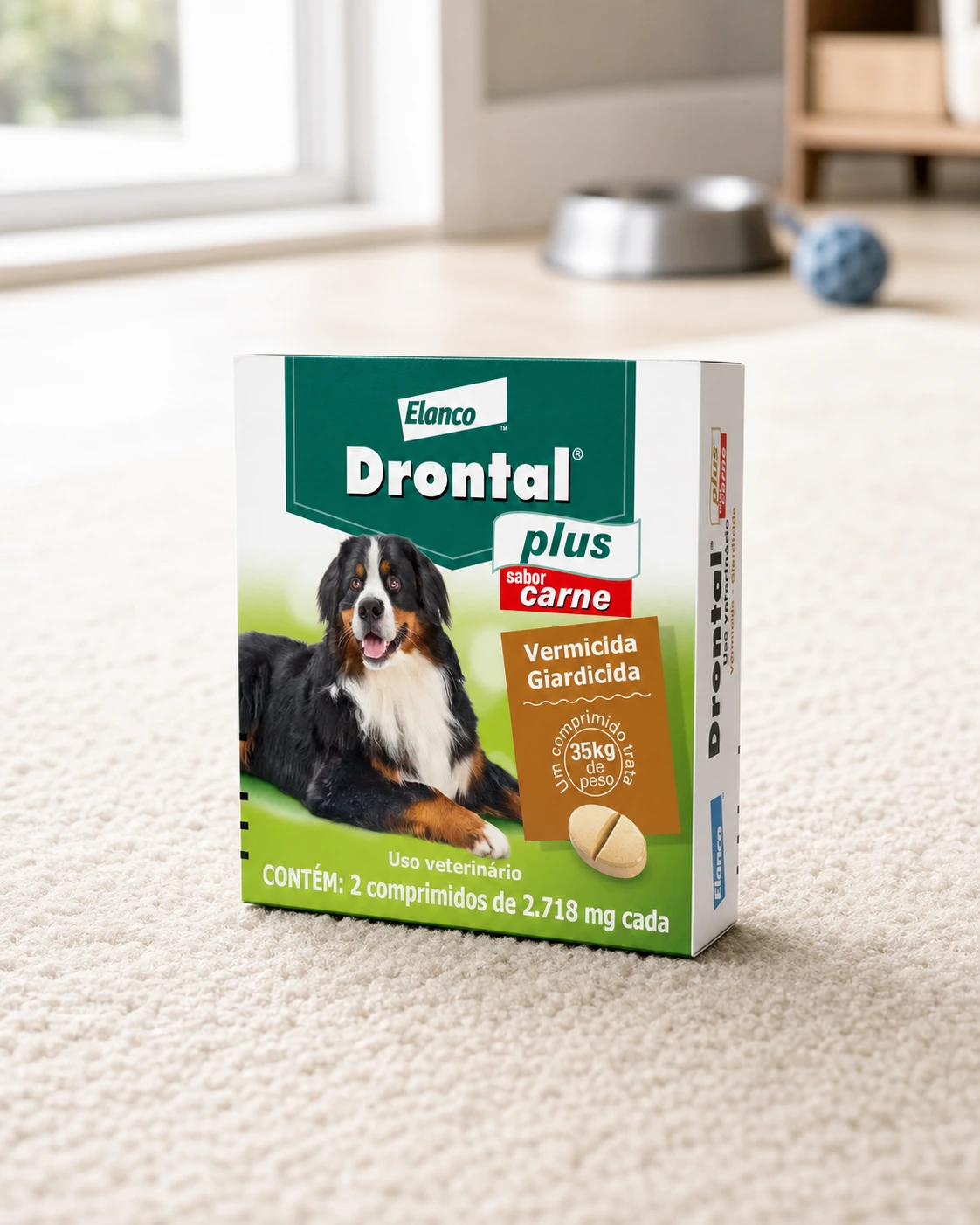Vermífugo Drontal Plus sabor carne para cães de até 35 kg, caixa com dois comprimidos