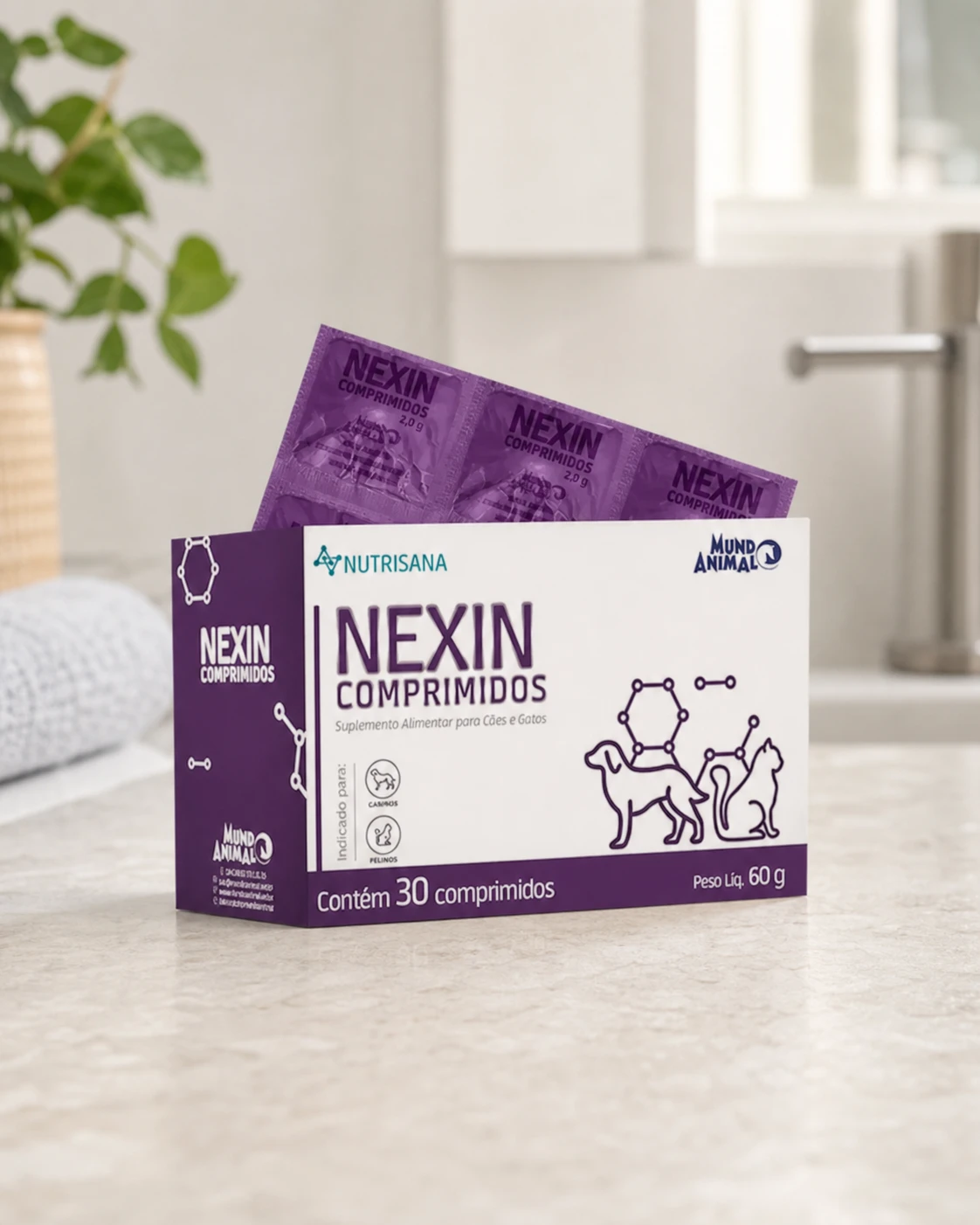 Mundo Animal Nutrisana Nexin, embalagem com 30 comprimidos e peso líquido de 60 g